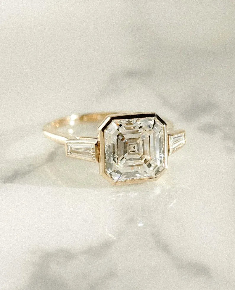Asscher 3.50ct Lab Grown Diamond Ring Full Bezel Side Tapper Wedding Ring Promise Ring For Women