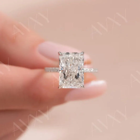 Radiant 2.50CT Lab Grown Diamond Hidden Halo With Pave Band Engagement Ring Promise Ring for Her Solitaire Ring Custom Made Ring For Her