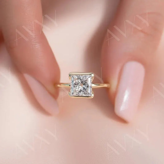 Princess 1.00CT Lab Grown Diamond Half Bezel Engagement Ring Forever classic Ring Custom Made Ring Diamond jewelry For Women