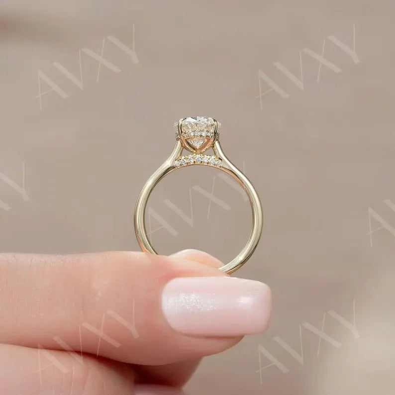 Oval 2.00CT Lab Grown Diamond Solitaire With Hidden Halo Engagement Ring Birthday Gift Ring Promise Ring Proposal Ring Mother Ring