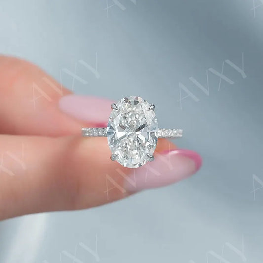 Oval 3.50CT Lab Grown Diamond Solitaire Ring With Pave Band Engagement Ring Wedding Ring Gift For Mother Anniversary Gift