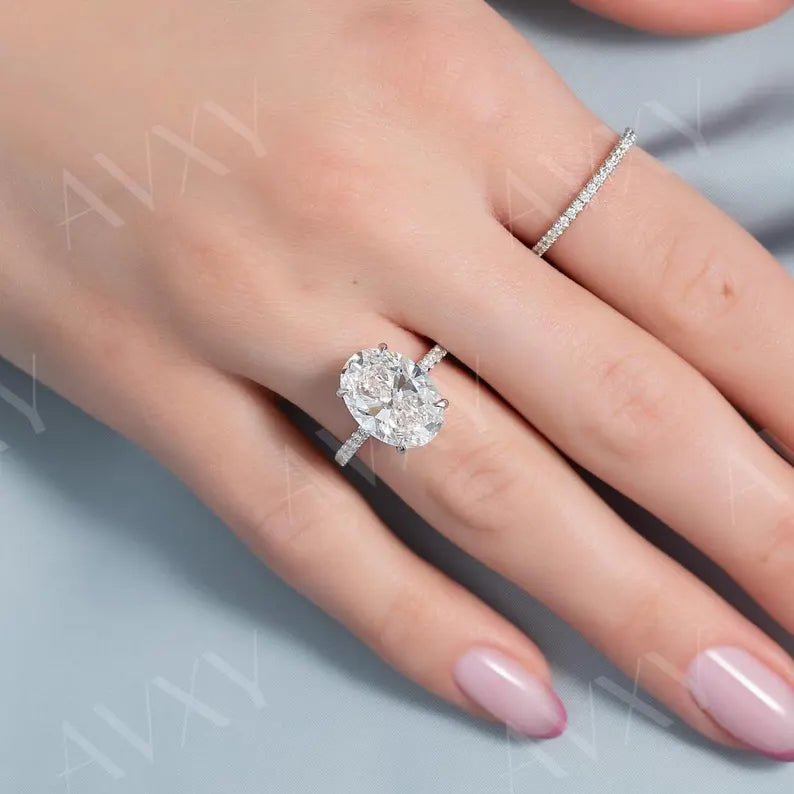 Oval 3.50CT Lab Grown Diamond Solitaire Ring With Pave Band Engagement Ring Wedding Ring Gift For Mother Anniversary Gift