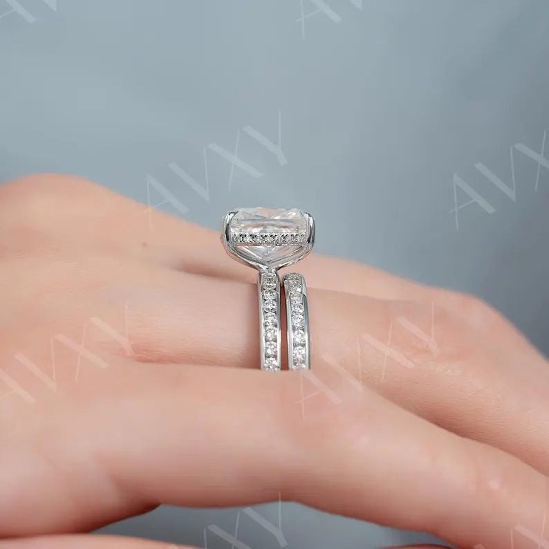 Cushion 2.00CT Lab Grown Diamond Hidden Halo With Double Pave Band Engagement Ring Anniversary Ring Gift For Girlfriend