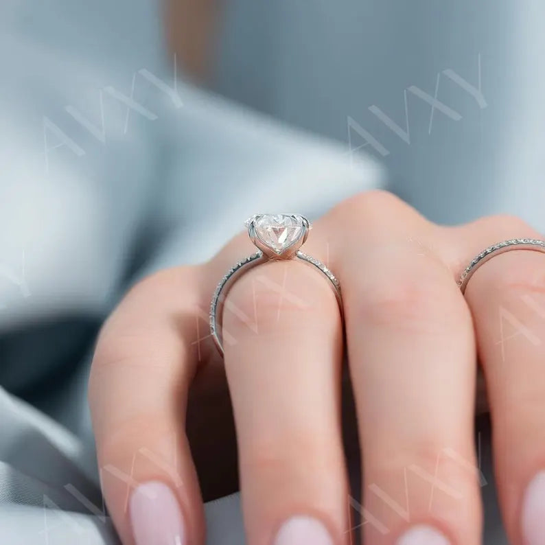 Oval 3.50CT Lab Grown Diamond Solitaire Ring With Pave Band Engagement Ring Wedding Ring Gift For Mother Anniversary Gift